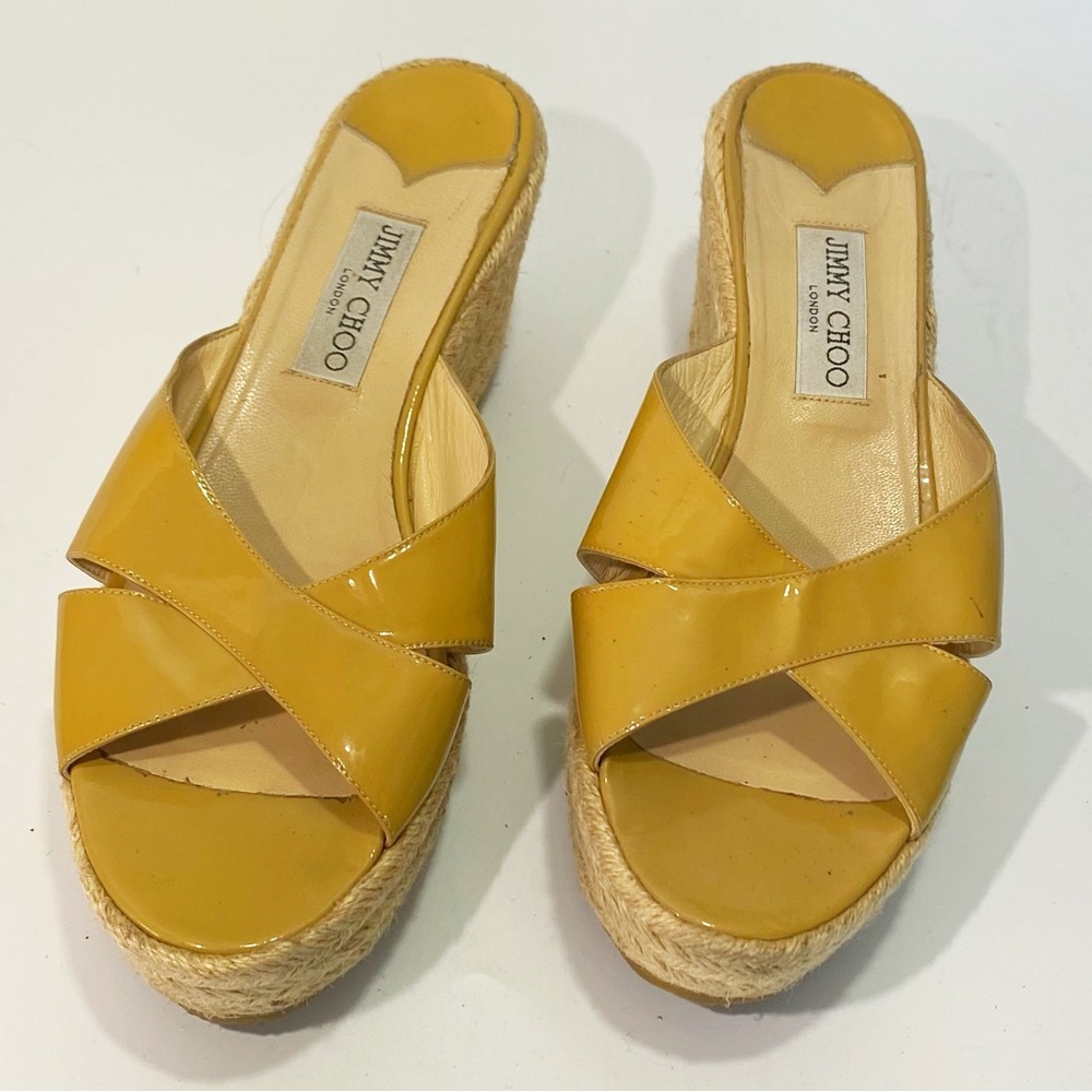 Jimmy Choo Patent Leather Slip On Open Toe Espadrilles Sandals